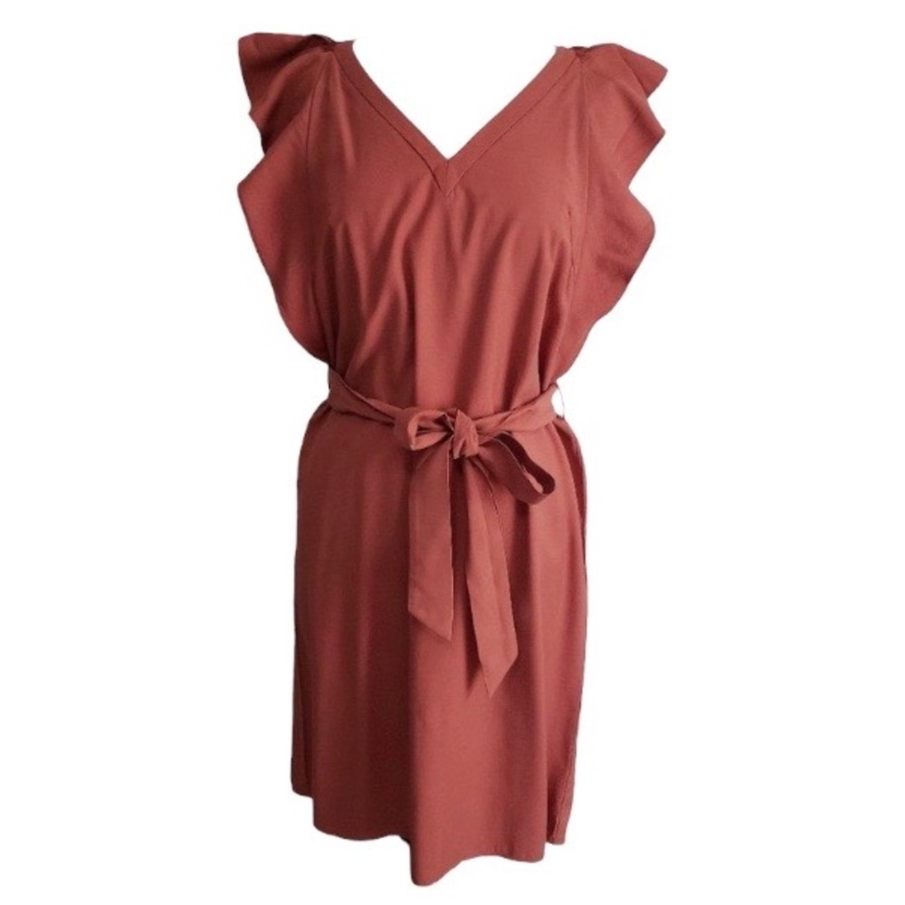H&M Rust Cotton Flutter Sleeve Belted Dress Size … - image 1